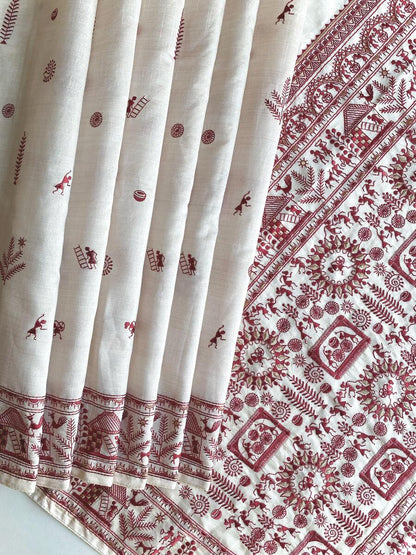 Mesmeric Off White Embroidery Work Tussar Silk Saree With Classic Blouse Piece