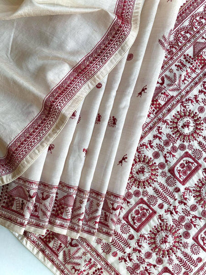 Mesmeric Off White Embroidery Work Tussar Silk Saree With Classic Blouse Piece