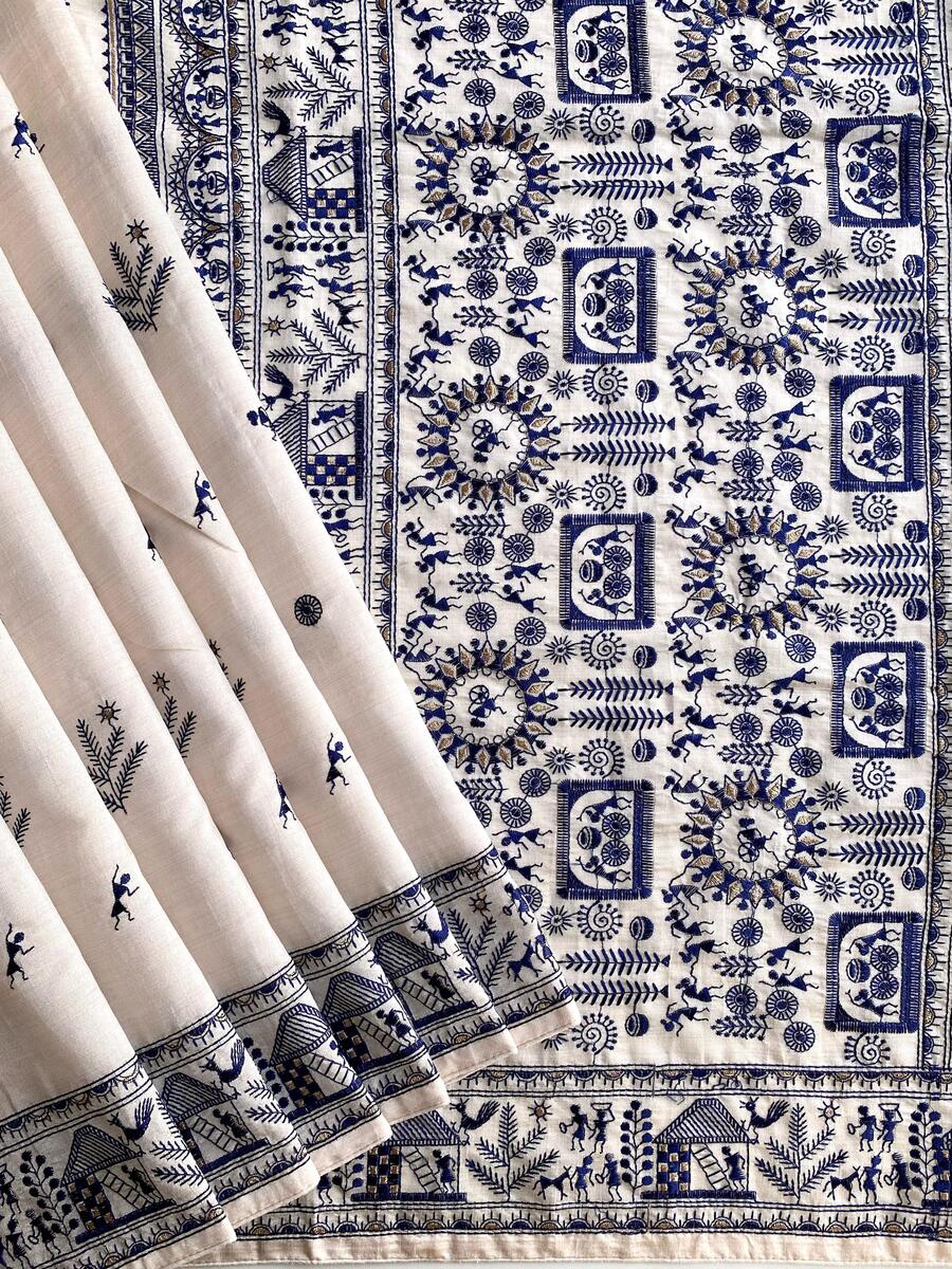 Bewitching Off White Embroidery Work Tussar Silk Saree With Aplomb Blouse Piece