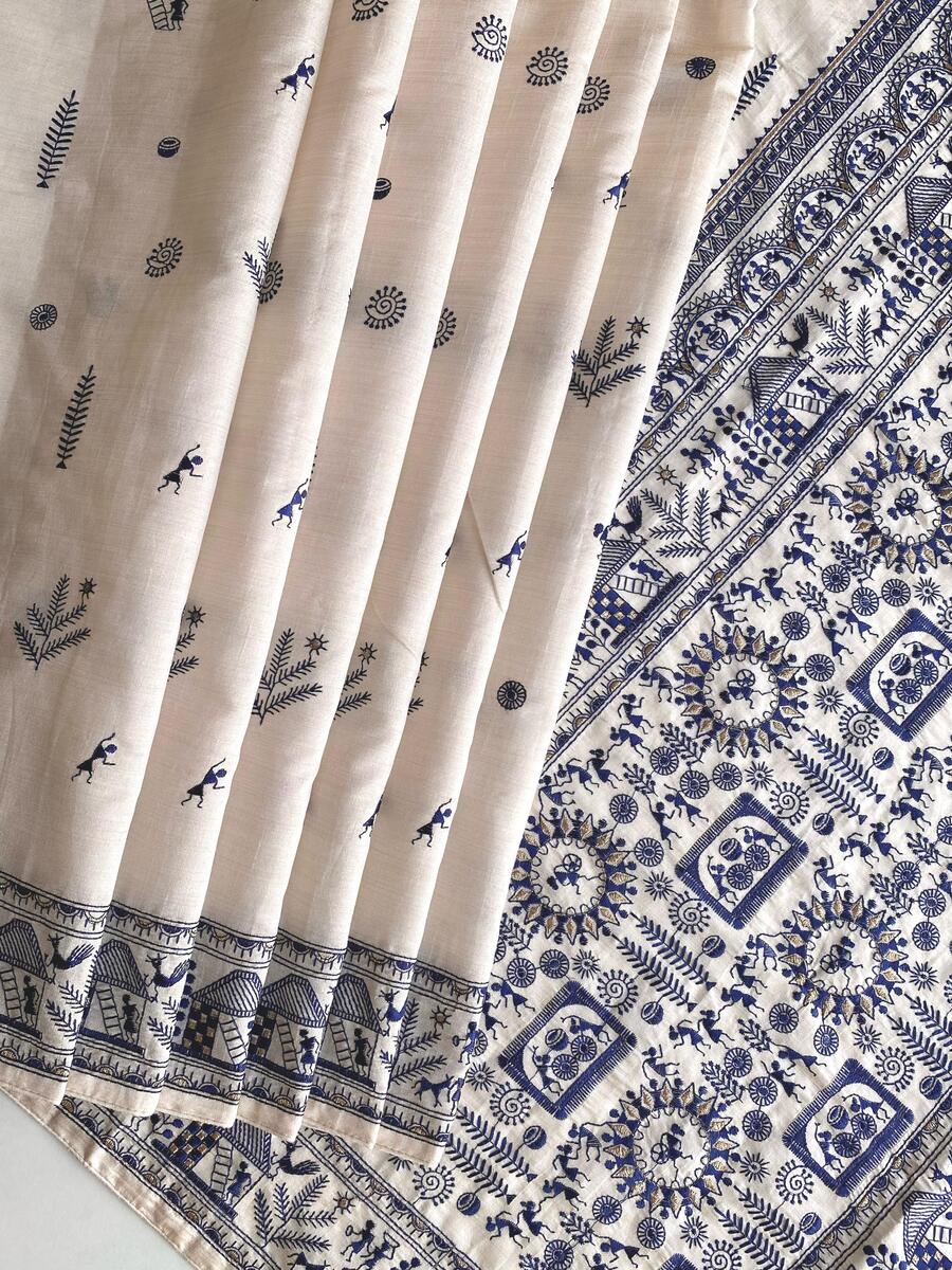 Bewitching Off White Embroidery Work Tussar Silk Saree With Aplomb Blouse Piece