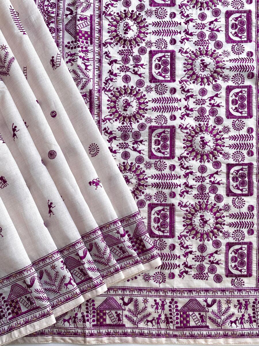 Deserving Off White Embroidery Work Tussar Silk Saree With Blooming Blouse Piece