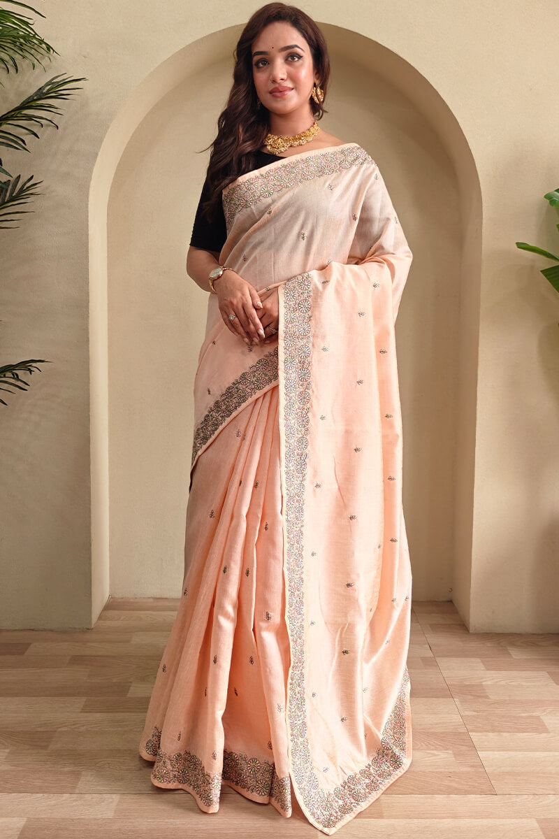 Flattering Peach Embroidery Work Tussar Silk Saree With Fancifull Blouse Piece