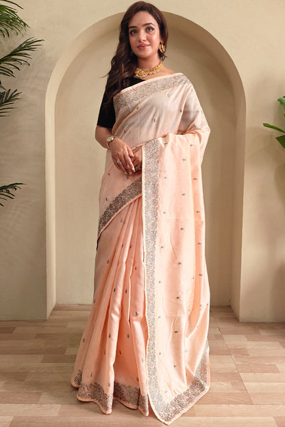 Flattering Peach Embroidery Work Tussar Silk Saree With Fancifull Blouse Piece