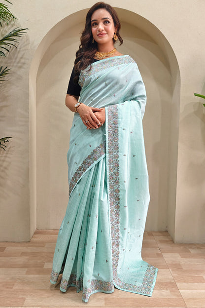 Desultory Sky Embroidery Work Tussar Silk Saree With Posh Blouse Piece