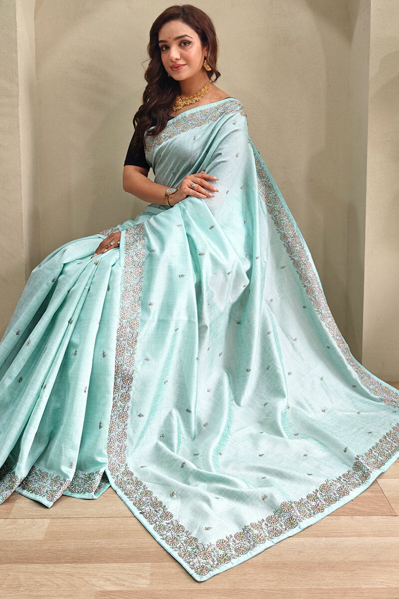 Desultory Sky Embroidery Work Tussar Silk Saree With Posh Blouse Piece
