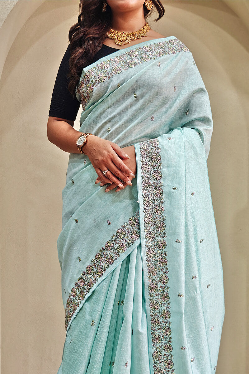 Desultory Sky Embroidery Work Tussar Silk Saree With Posh Blouse Piece