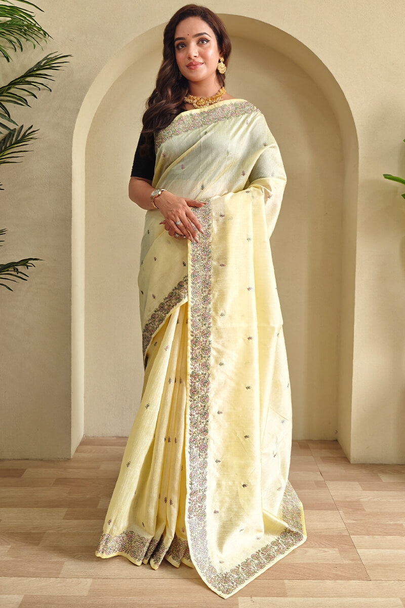 Ephemeral Yellow Embroidery Work Tussar Silk Saree With Beautiful Blouse Piece