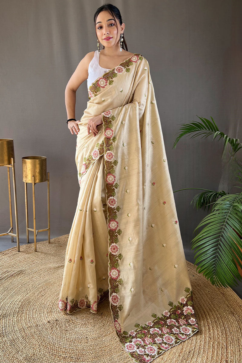 Stunning Beige Embroidery Work Tussar Silk Saree With Dazzling Blouse Piece