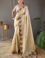 Stunning Beige Embroidery Work Tussar Silk Saree With Dazzling Blouse Piece