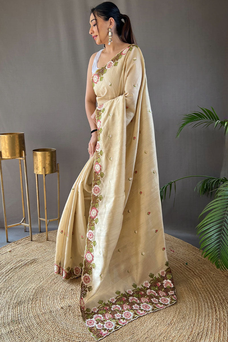 Stunning Beige Embroidery Work Tussar Silk Saree With Dazzling Blouse Piece