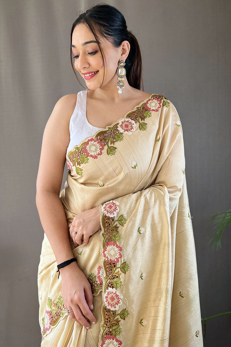 Stunning Beige Embroidery Work Tussar Silk Saree With Dazzling Blouse Piece