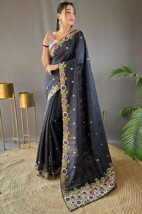 Load image into Gallery viewer, Jazzy Black Embroidery Work Tussar Silk Saree With Girlish Blouse Piece
