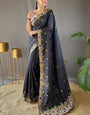 Jazzy Black Embroidery Work Tussar Silk Saree With Girlish Blouse Piece