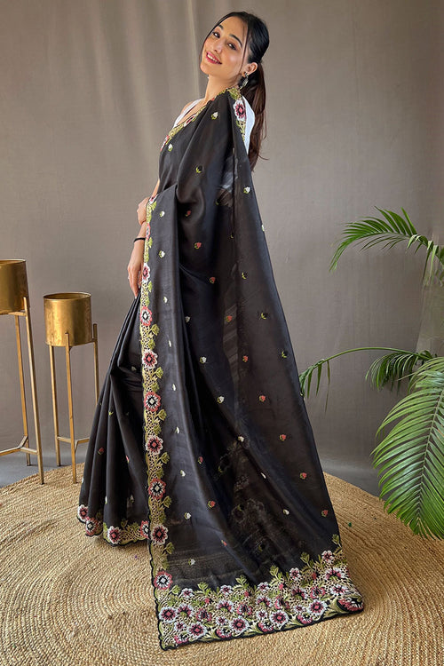 Load image into Gallery viewer, Jazzy Black Embroidery Work Tussar Silk Saree With Girlish Blouse Piece
