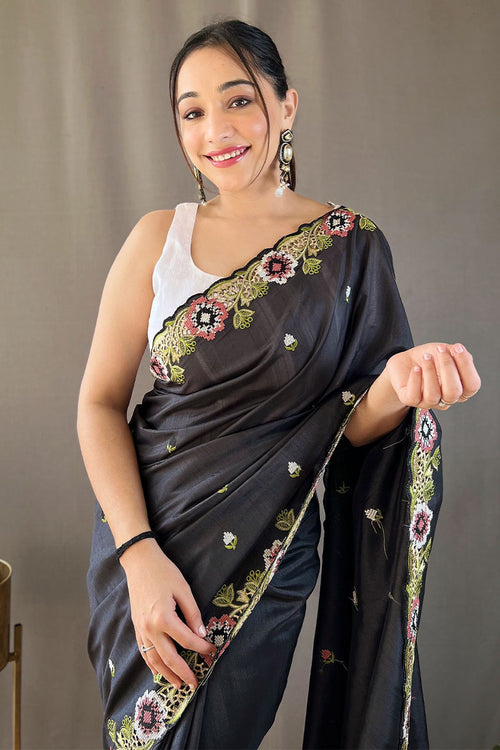 Load image into Gallery viewer, Jazzy Black Embroidery Work Tussar Silk Saree With Girlish Blouse Piece
