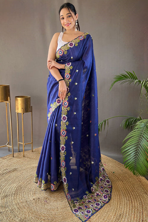 Load image into Gallery viewer, Amazing Blue Embroidery Work Tussar Silk Saree With Skinny Blouse Piece
