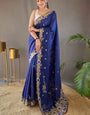 Amazing Blue Embroidery Work Tussar Silk Saree With Skinny Blouse Piece