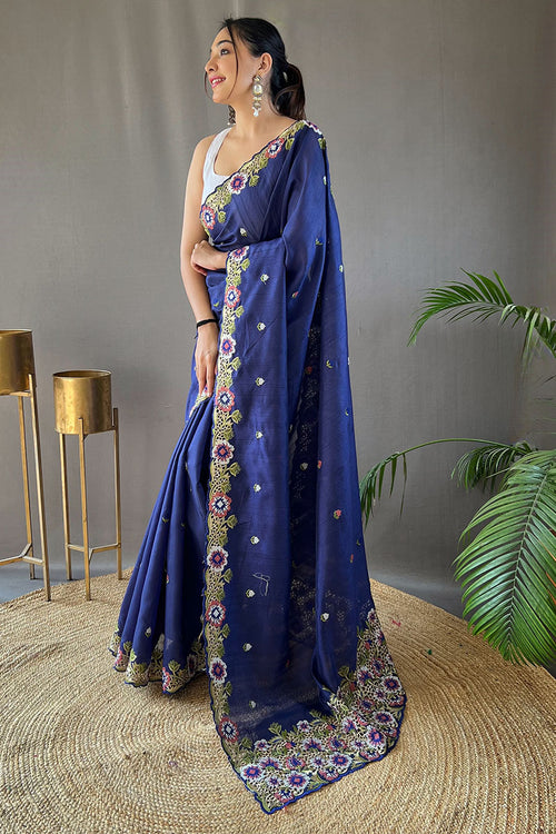 Load image into Gallery viewer, Amazing Blue Embroidery Work Tussar Silk Saree With Skinny Blouse Piece
