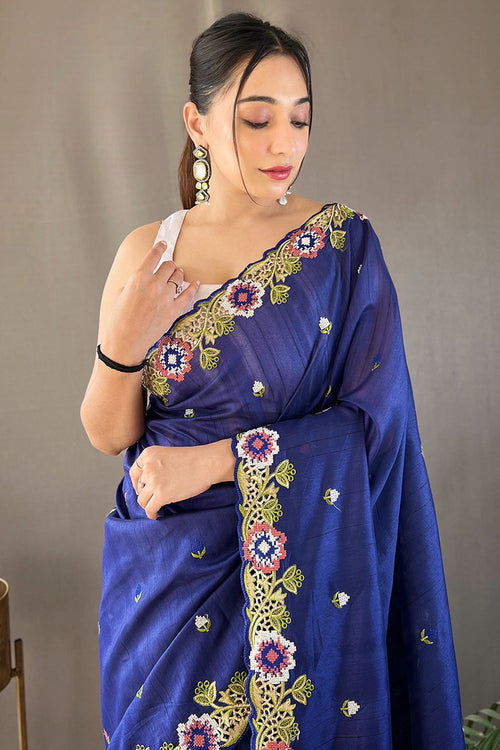 Load image into Gallery viewer, Amazing Blue Embroidery Work Tussar Silk Saree With Skinny Blouse Piece
