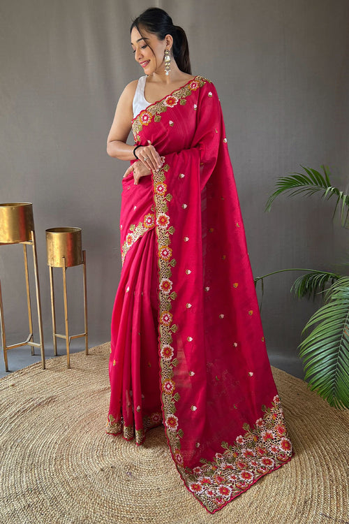 Load image into Gallery viewer, Charming Dark Pink Embroidery Work Tussar Silk Saree With Mesmeric Blouse Piece
