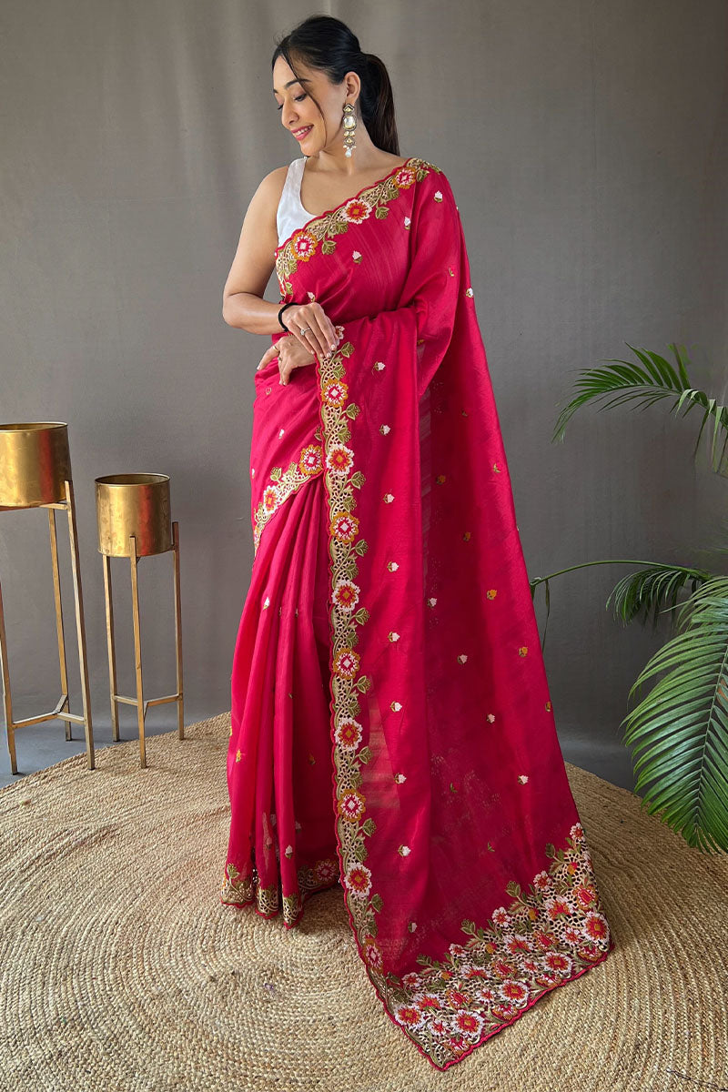 Charming Dark Pink Embroidery Work Tussar Silk Saree With Mesmeric Blouse Piece