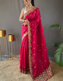 Charming Dark Pink Embroidery Work Tussar Silk Saree With Mesmeric Blouse Piece