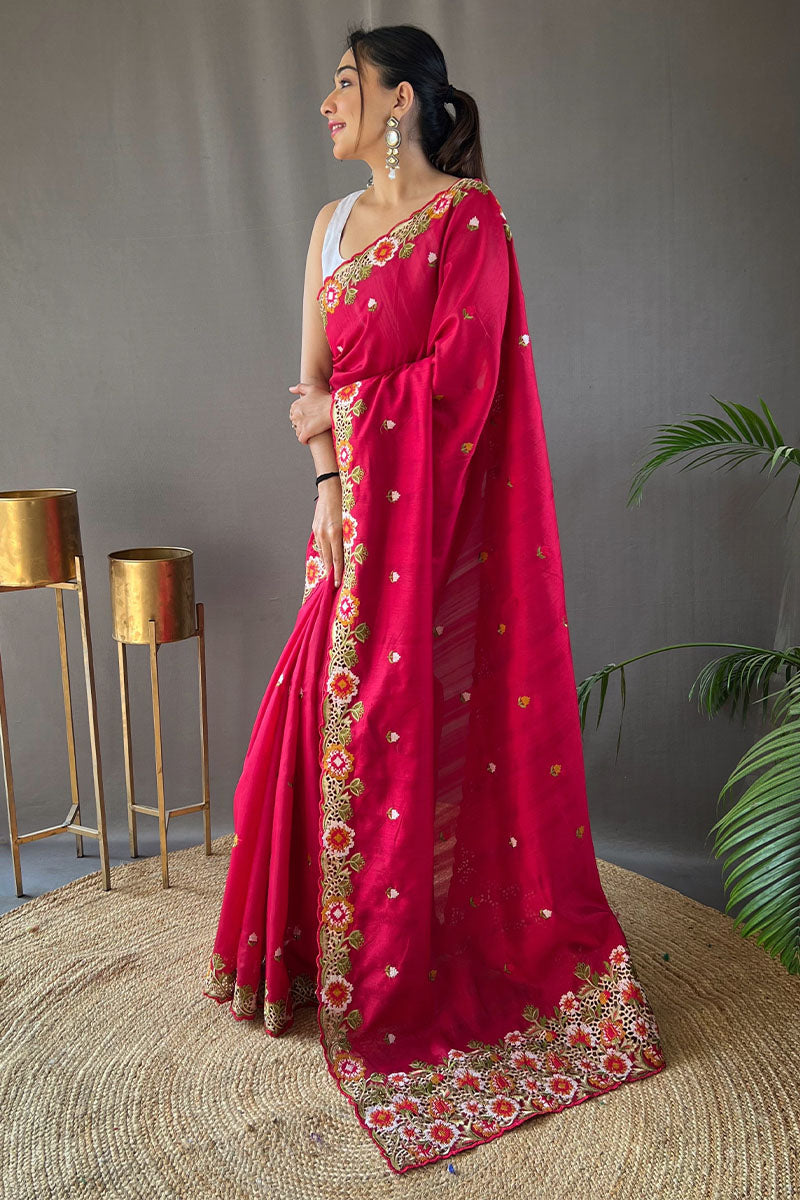 Charming Dark Pink Embroidery Work Tussar Silk Saree With Mesmeric Blouse Piece