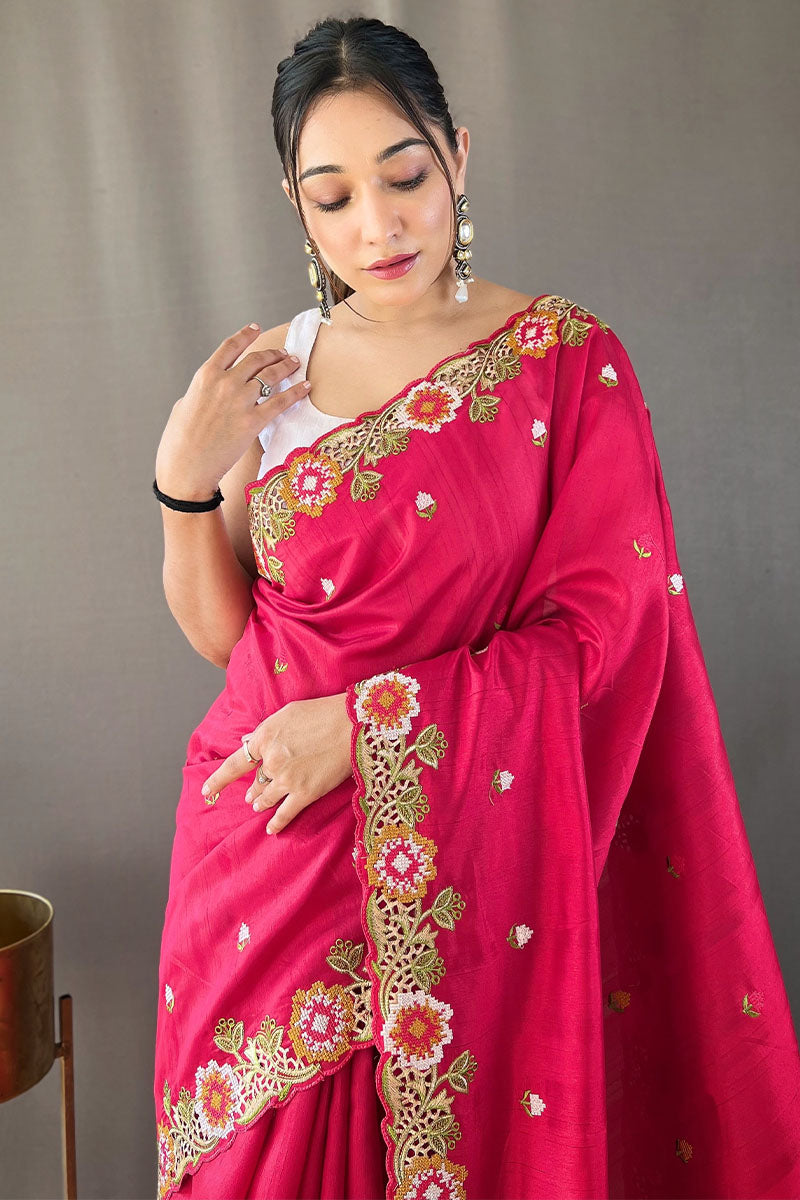 Charming Dark Pink Embroidery Work Tussar Silk Saree With Mesmeric Blouse Piece