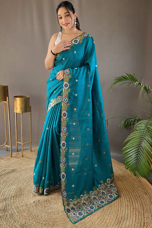 Load image into Gallery viewer, Traditional Firozi Embroidery Work Tussar Silk Saree With Demure Blouse Piece
