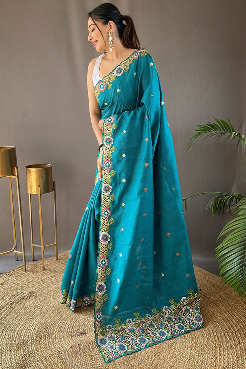 Load image into Gallery viewer, Traditional Firozi Embroidery Work Tussar Silk Saree With Demure Blouse Piece
