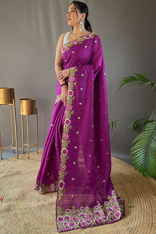 Load image into Gallery viewer, Redolent Purple Embroidery Work Tussar Silk Saree With Splendiferous Blouse Piece
