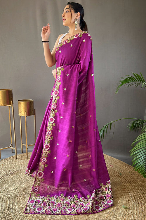 Load image into Gallery viewer, Redolent Purple Embroidery Work Tussar Silk Saree With Splendiferous Blouse Piece
