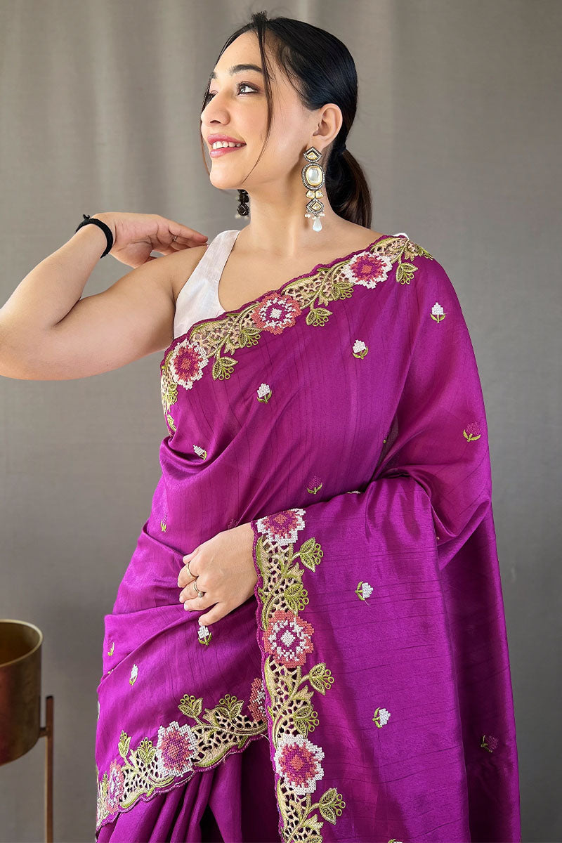 Redolent Purple Embroidery Work Tussar Silk Saree With Splendiferous Blouse Piece