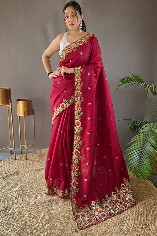 Load image into Gallery viewer, Improbable Wine Embroidery Work Tussar Silk Saree With Elaborate Blouse Piece
