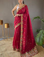 Improbable Wine Embroidery Work Tussar Silk Saree With Elaborate Blouse Piece