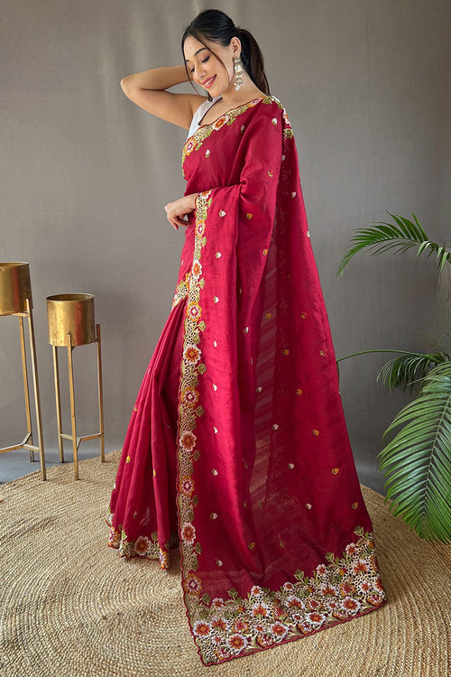 Load image into Gallery viewer, Improbable Wine Embroidery Work Tussar Silk Saree With Elaborate Blouse Piece
