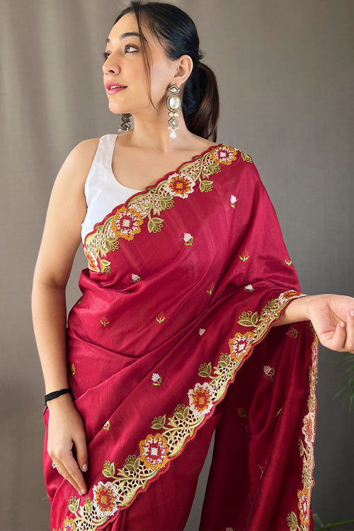 Load image into Gallery viewer, Improbable Wine Embroidery Work Tussar Silk Saree With Elaborate Blouse Piece
