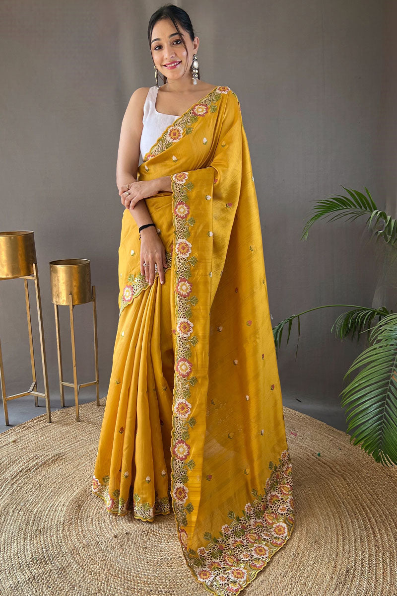 Aplomb Yellow Embroidery Work Tussar Silk Saree With Ethereal Blouse Piece