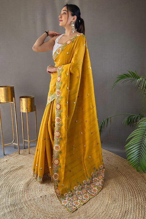 Load image into Gallery viewer, Aplomb Yellow Embroidery Work Tussar Silk Saree With Ethereal Blouse Piece
