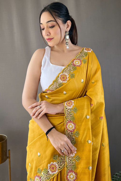 Load image into Gallery viewer, Aplomb Yellow Embroidery Work Tussar Silk Saree With Ethereal Blouse Piece
