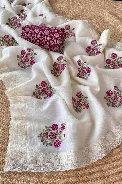 Gratifying Off White Embroidery Work Crush Silk Saree With Admirable Blouse Piece