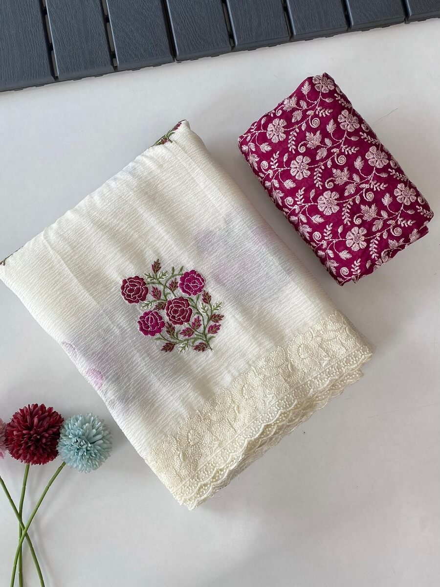 Gratifying Off White Embroidery Work Crush Silk Saree With Admirable Blouse Piece