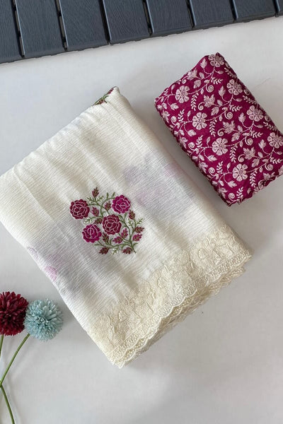 Gratifying Off White Embroidery Work Crush Silk Saree With Admirable Blouse Piece