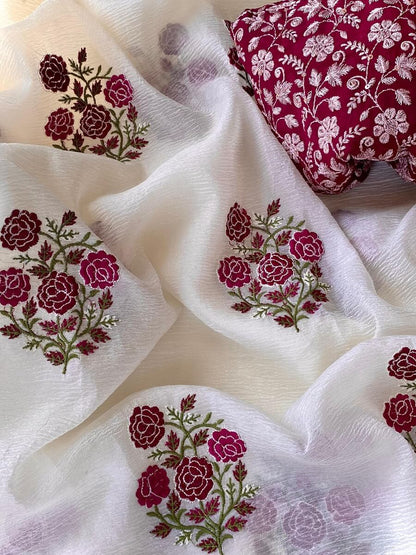 Gratifying Off White Embroidery Work Crush Silk Saree With Admirable Blouse Piece