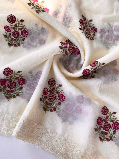 Gratifying Off White Embroidery Work Crush Silk Saree With Admirable Blouse Piece