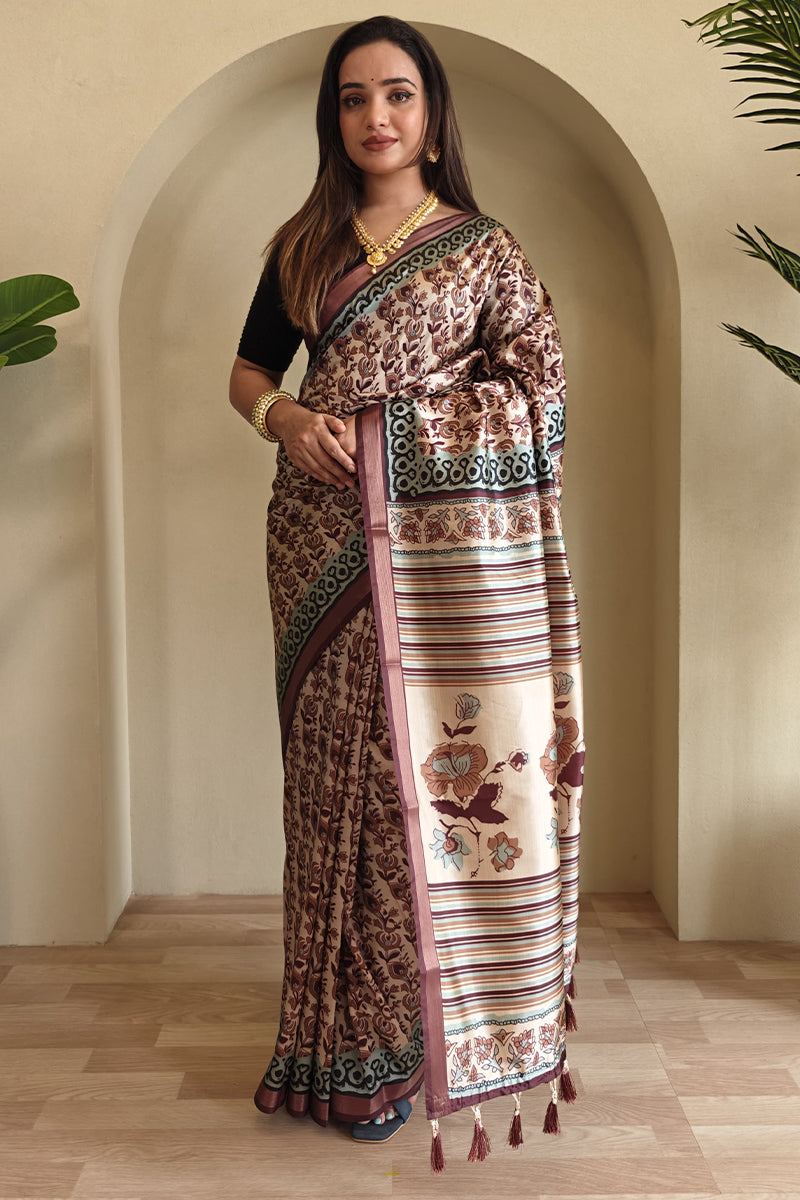Surpassing Brown Digital Printed Dola Silk Saree With Efflorescence Blouse Piece