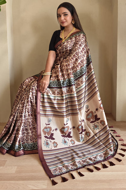 Surpassing Brown Digital Printed Dola Silk Saree With Efflorescence Blouse Piece