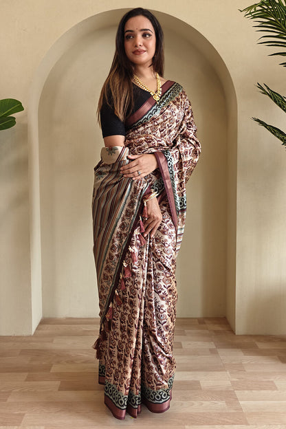 Surpassing Brown Digital Printed Dola Silk Saree With Efflorescence Blouse Piece