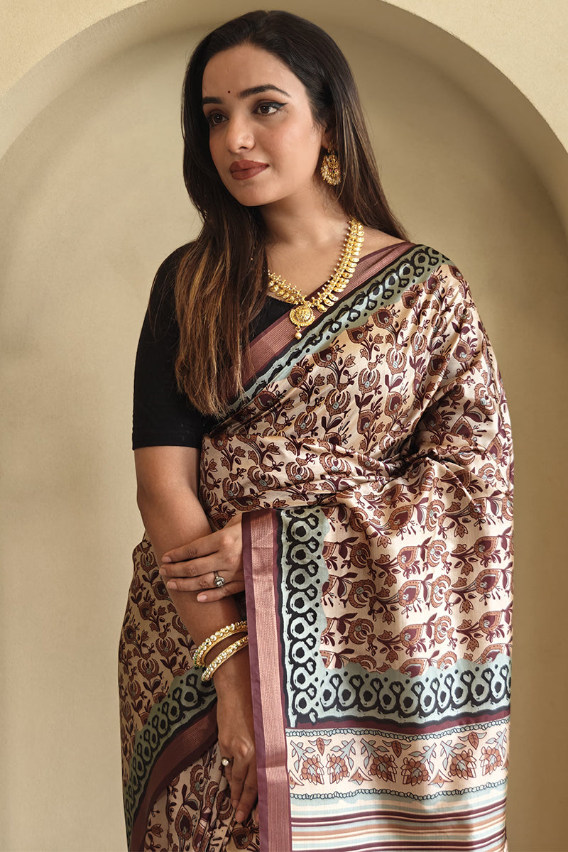 Surpassing Brown Digital Printed Dola Silk Saree With Efflorescence Blouse Piece