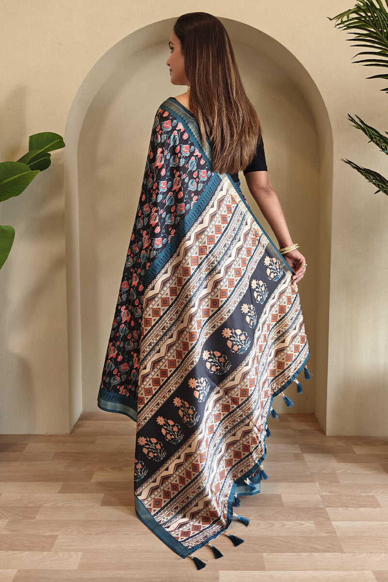 Prodigal Navy Blue Digital Printed Dola Silk Saree With Cynosure Blouse Piece